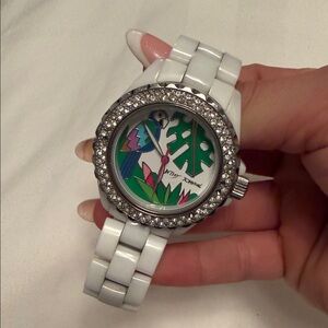 Betsey Johnson White Link Watch Crystal Bezel – Needs Battery & 3 missing stones